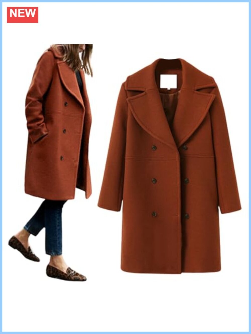 Women's Wool Pea Coat Notch Lapel Double Breasted Midi Trench